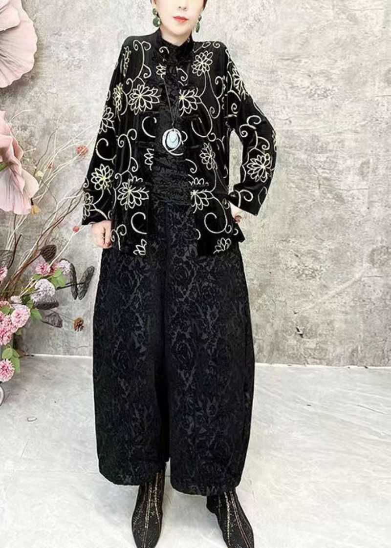 Chinese Stijl Zwarte O-hals Bloemen Velours Korte Jas Lente - Dames winterjassen