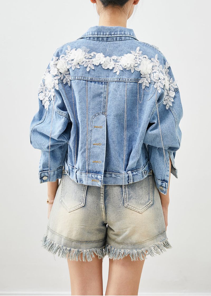 Chique Blauwe Oversized Stereoscopische Denimjas Met Bloemen Herfst - Dames winterjassen