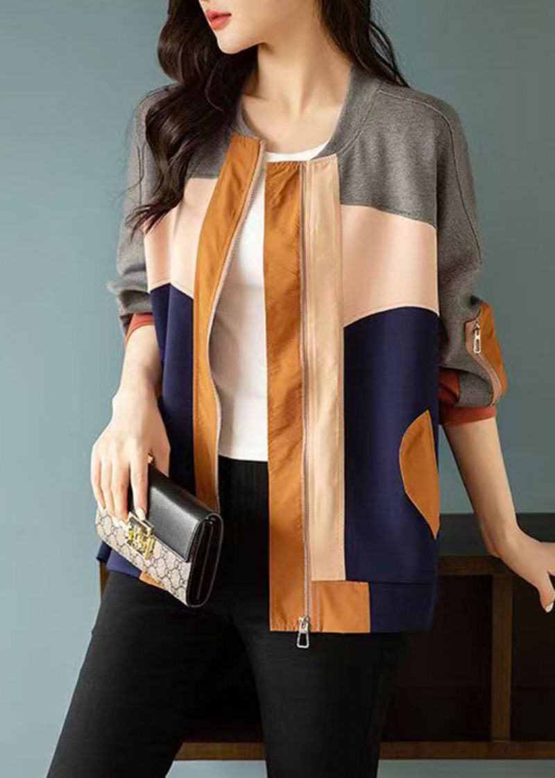 Chique Colorblock-jas Met Asymmetrische Patchwork-katoenen Ritssluiting Herfst - Dames winterjassen