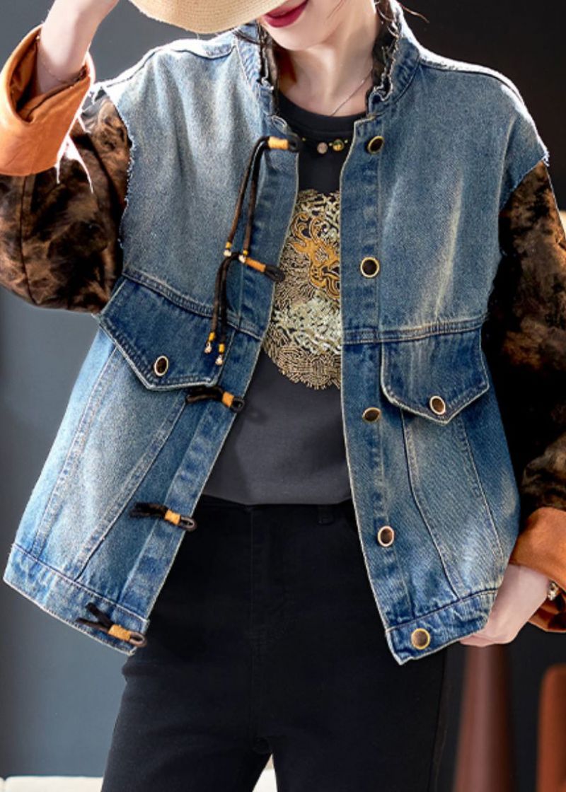 Chique Denimjas Met Blauwe Knopenprint En Patchwork Lente - Dames winterjassen