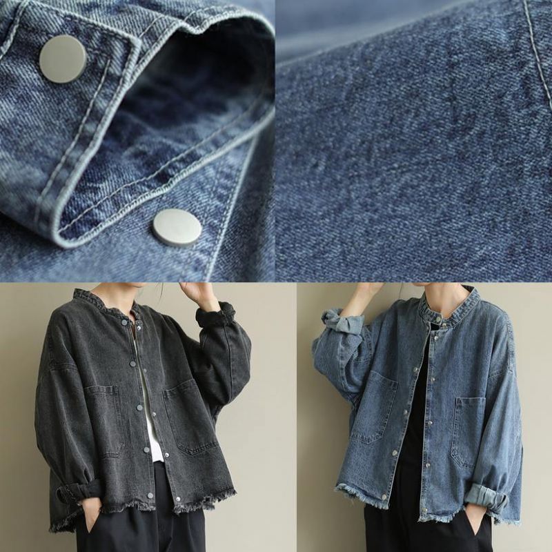 Chique Denimzwart Grote Maten Kleding Werkopstaande Kraagzakken Outwear - Blauw