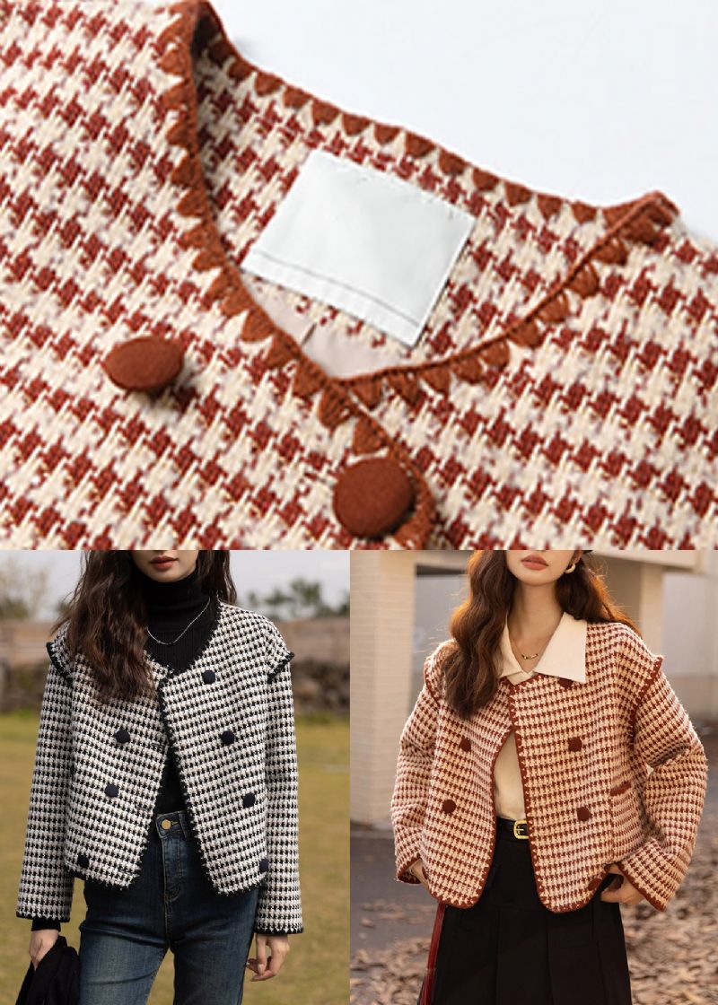 Chique Zwarte O-hals Katoenen Jassen Met Dubbele Borst En Patchwork Herfst - Dames winterjassen