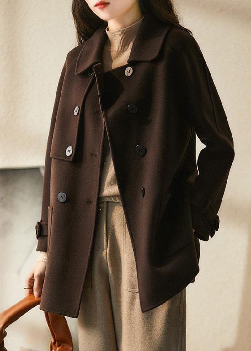 Chocolade Losse Wollen Trenchcoat Peter Pan Kraag Dubbele Borst Herfst - Dames winterjassen