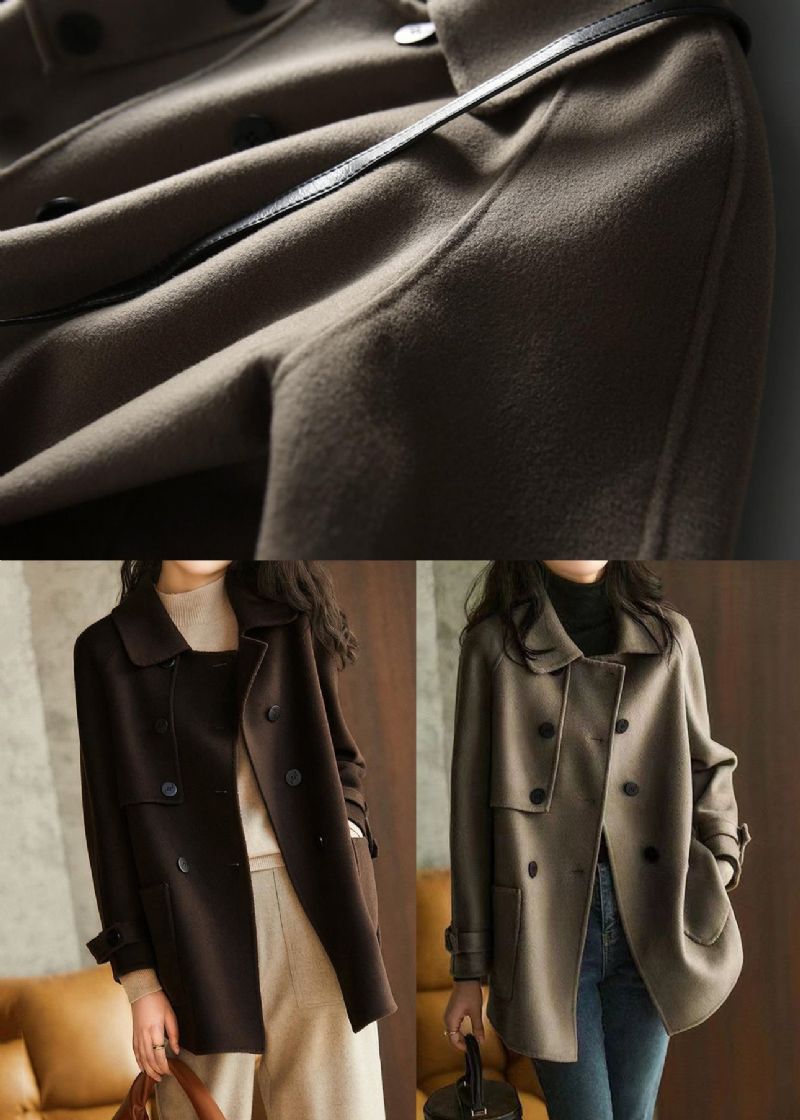 Chocolade Losse Wollen Trenchcoat Peter Pan Kraag Dubbele Borst Herfst - Dames winterjassen