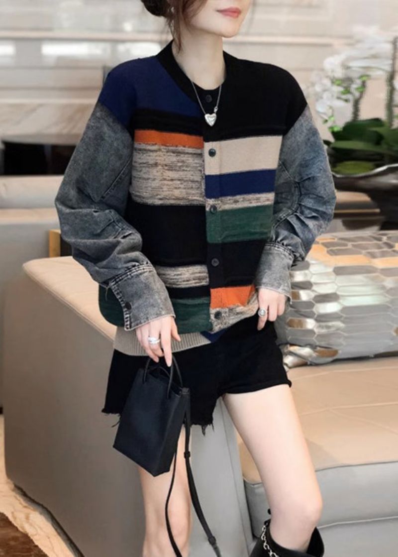 Colorblock Denim Patchwork Gebreide Trui Jas Dames Herfst En Winter 2024 - Dames winterjassen