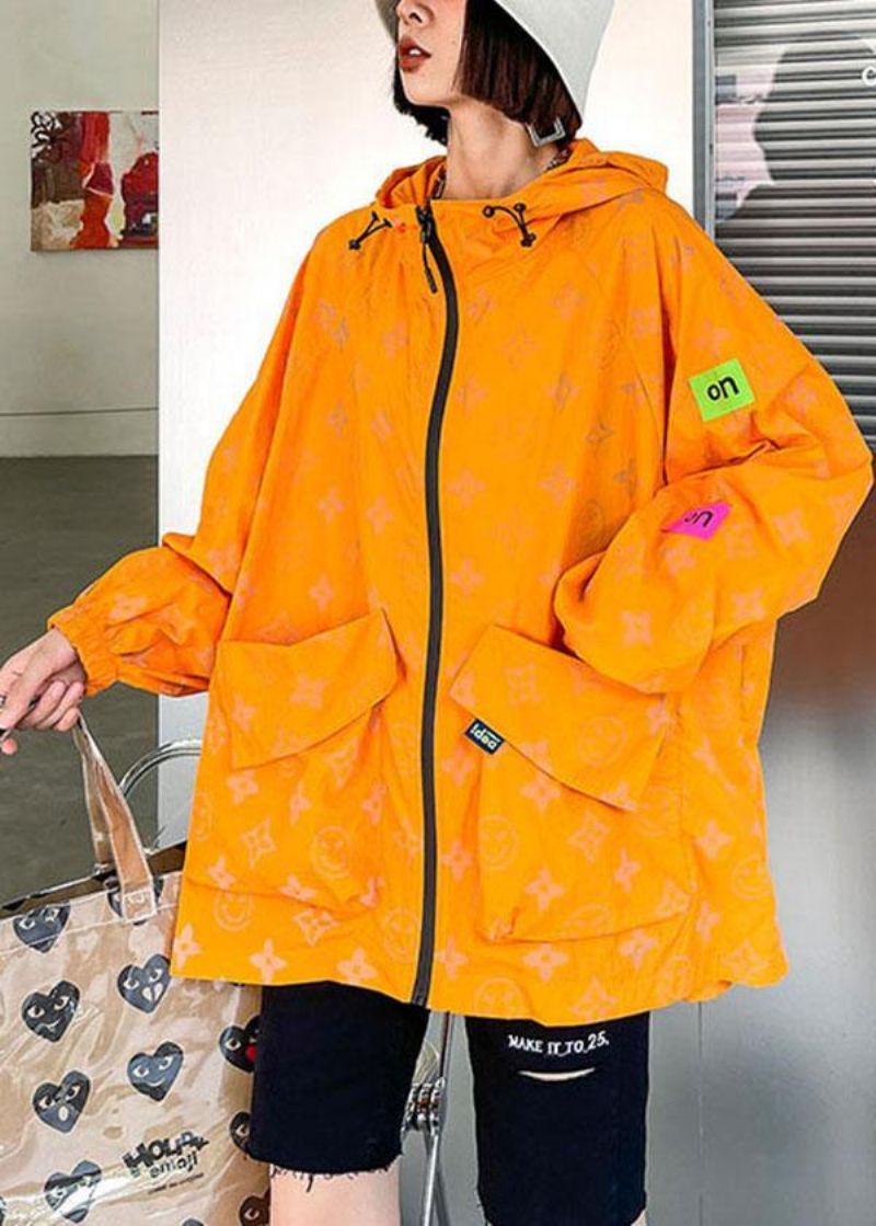 Comfortabele Oranje Print Upf 50+ Jas Met Capuchon En - Zwart