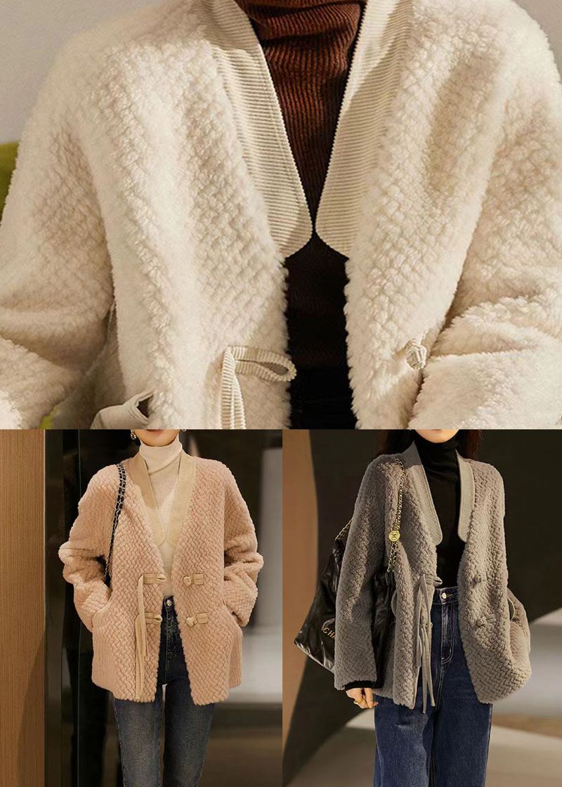 Dames Beige Kwastjes Chinese Knop Patchwork Wollen Jassen Winter - Dames winterjassen