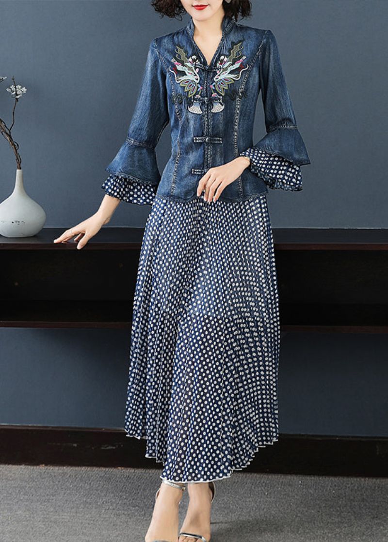 Dames Blauwe Opstaande Kraag Geborduurd Patchwork Katoenen Denim Jassen Stippenprint Chiffon Rok Tweedelige Set Flare Mouw