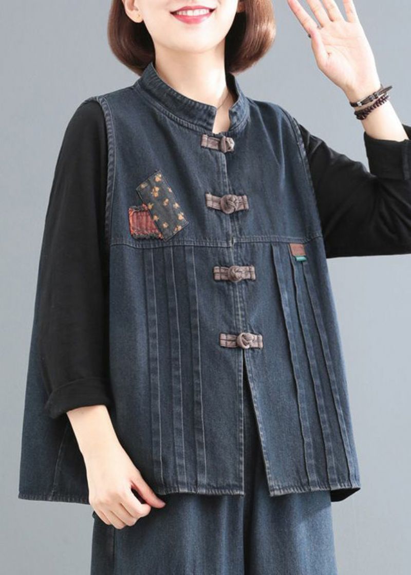 Dames Blauwe Opstaande Kraag Patchwork Denim Jas Zonder Mouwen