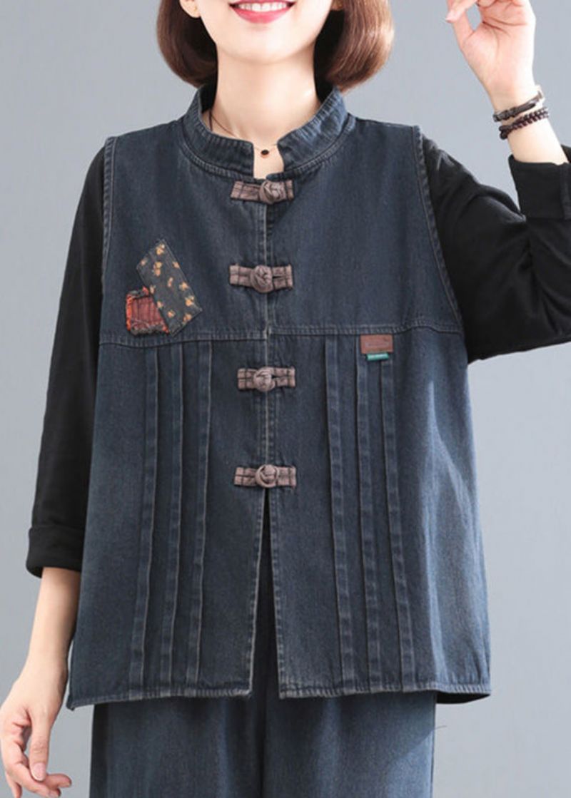 Dames Blauwe Opstaande Kraag Patchwork Denim Jas Zonder Mouwen - Blauw