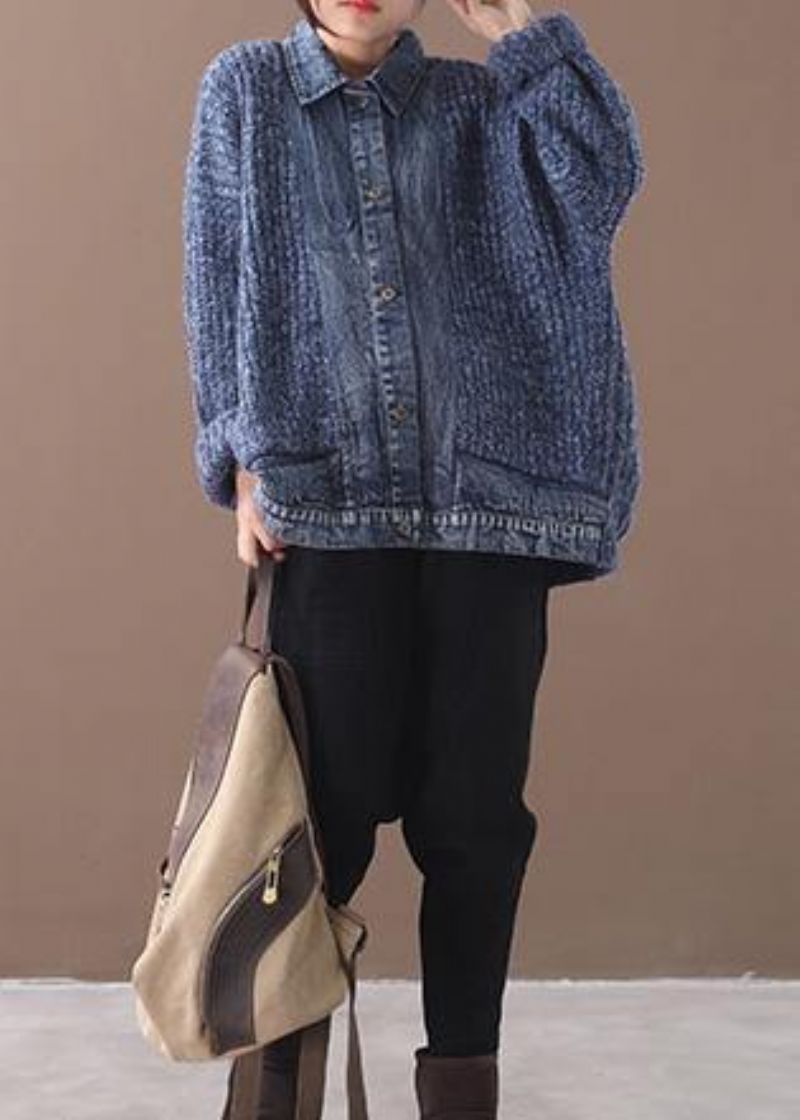 Dames Blauwe Trui Blouse Reverskraag Oversized Patchwork Truien - Blauw