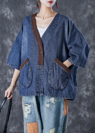 Dames Blauwe V-hals Patchwork Zakken Denim Jassen Zomer