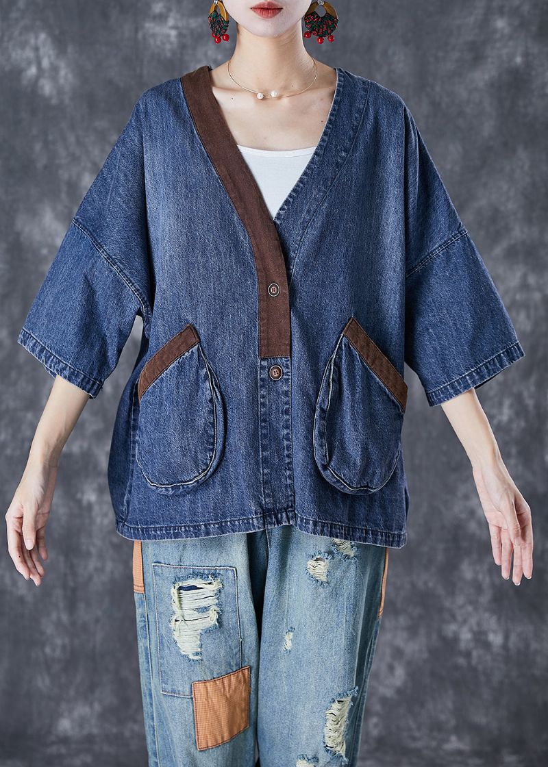 Dames Blauwe V-hals Patchwork Zakken Denim Jassen Zomer - Dames winterjassen