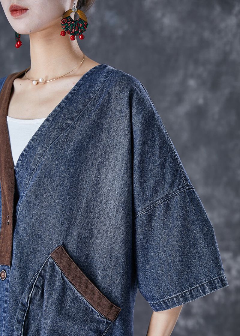 Dames Blauwe V-hals Patchwork Zakken Denim Jassen Zomer - Dames winterjassen