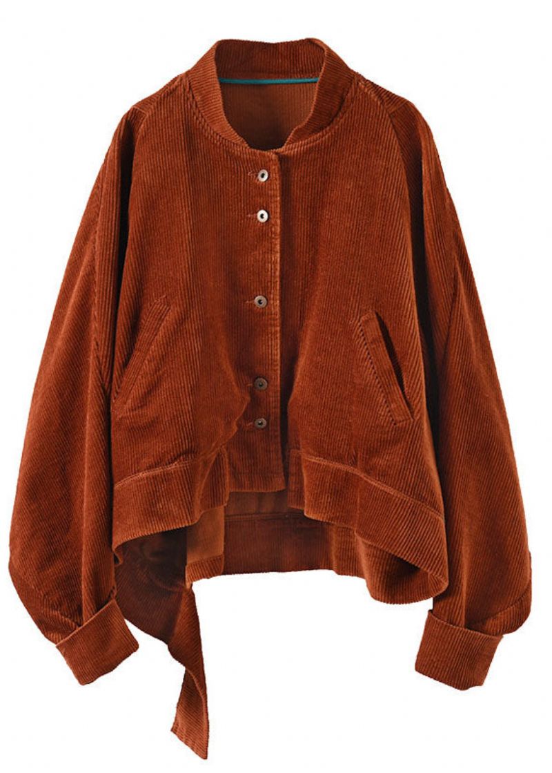 Dames Caramel Zakken Knoop Asymmetrisch Ontwerp Herfst Corduroy Jas - Karamel