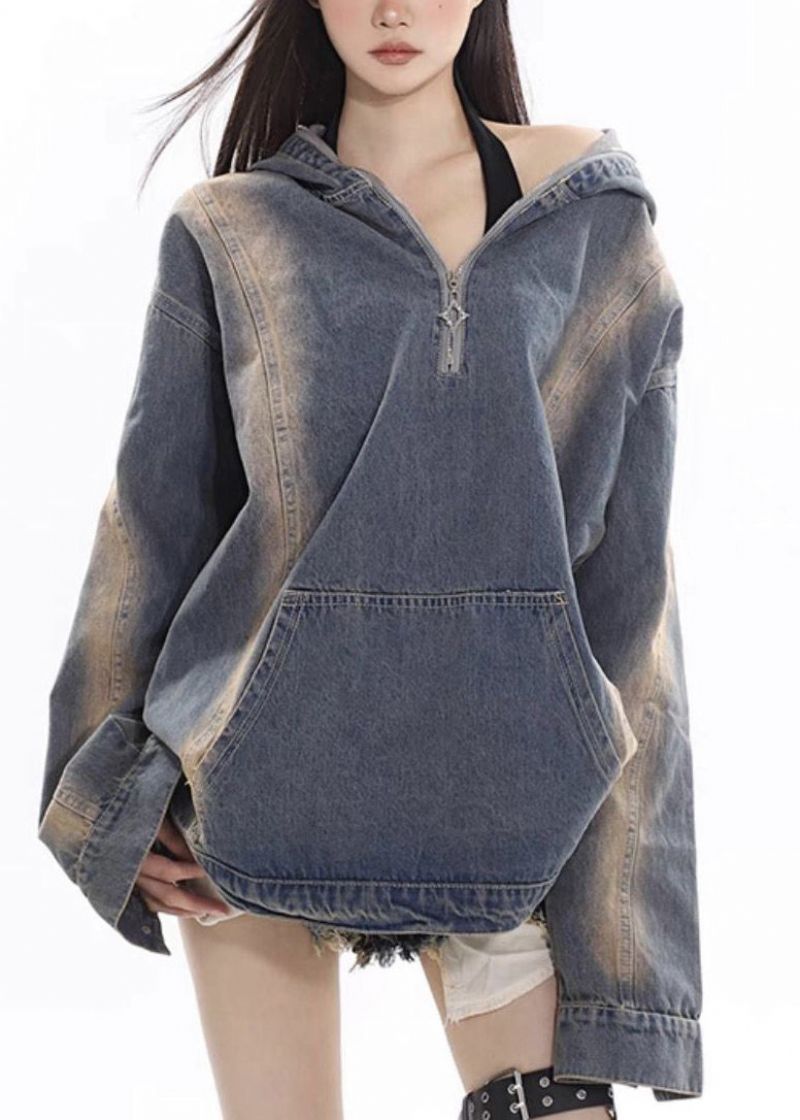 Dames Denim Blauwe Patchwork Hoodie Jas Met Ritssluiting Herfst - Dames winterjassen