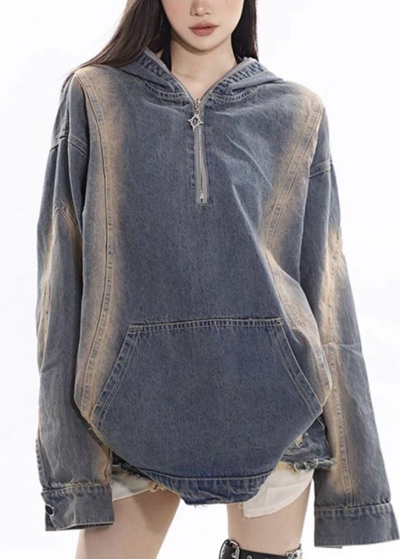 Dames Denim Blauwe Patchwork Hoodie Jas Met Ritssluiting Herfst - Dames winterjassen