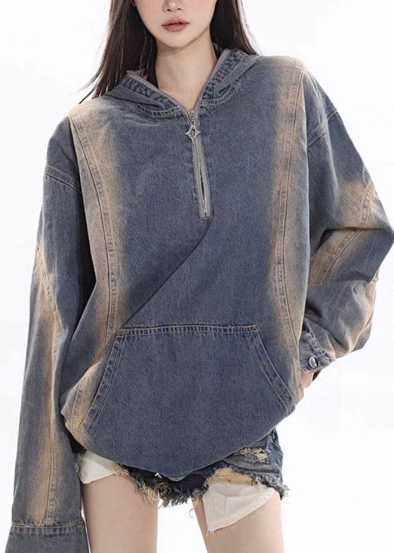 Dames Denim Blauwe Patchwork Hoodie Jas Met Ritssluiting Herfst - Dames winterjassen