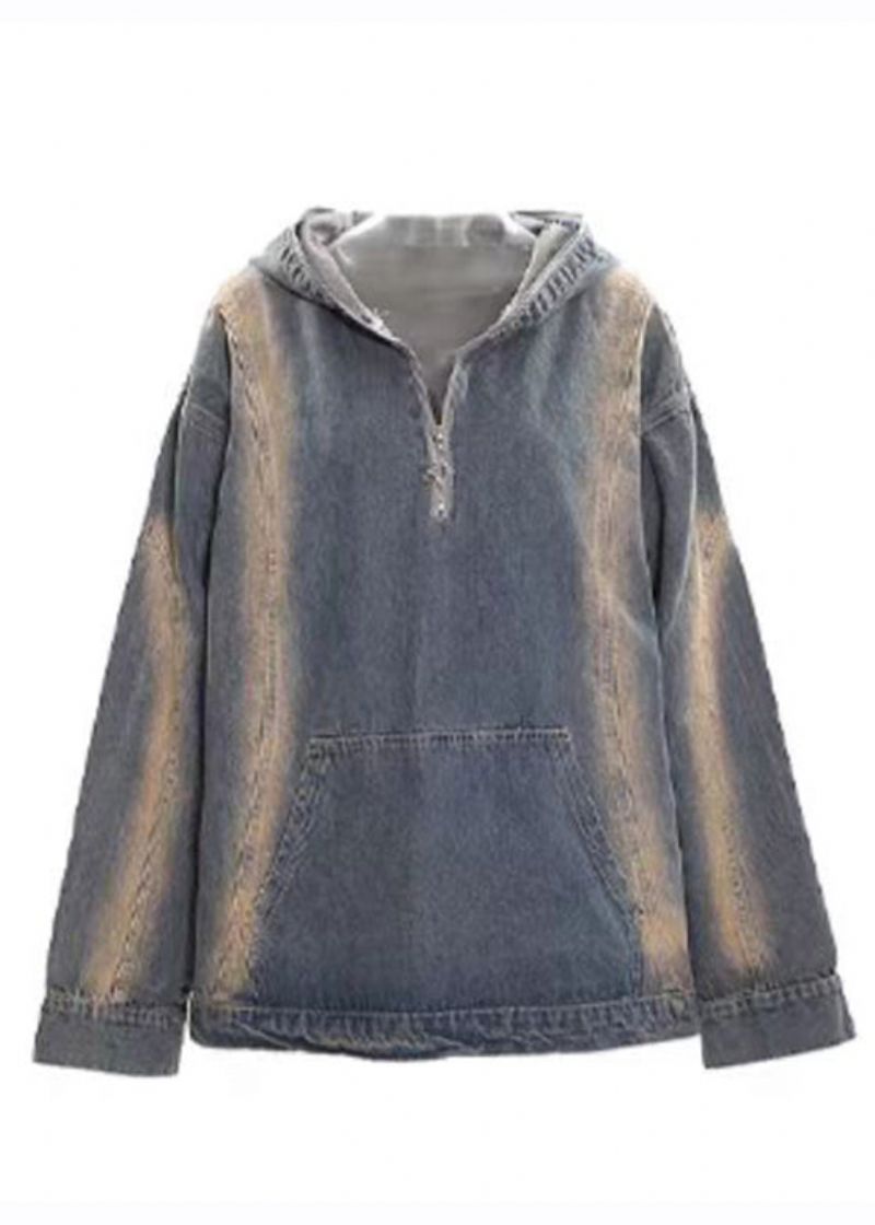 Dames Denim Blauwe Patchwork Hoodie Jas Met Ritssluiting Herfst - Dames winterjassen