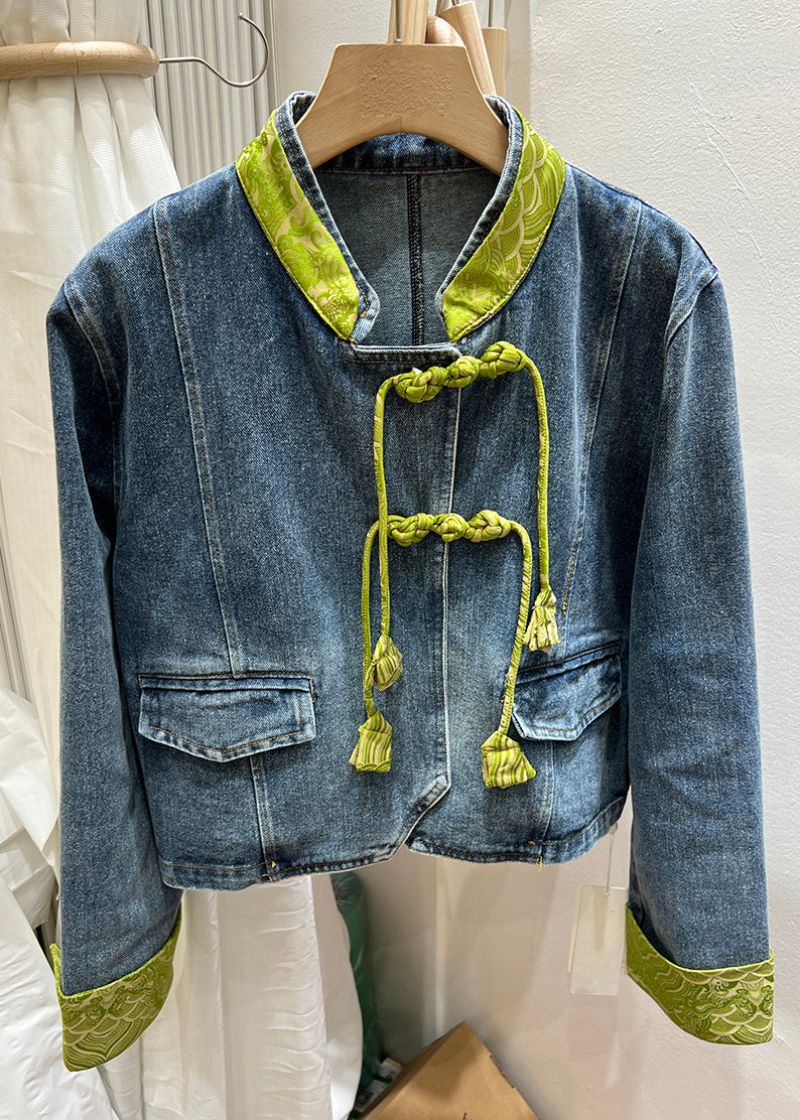 Dames Groene Opstaande Kraag Chinese Knop Denim Jas Lente