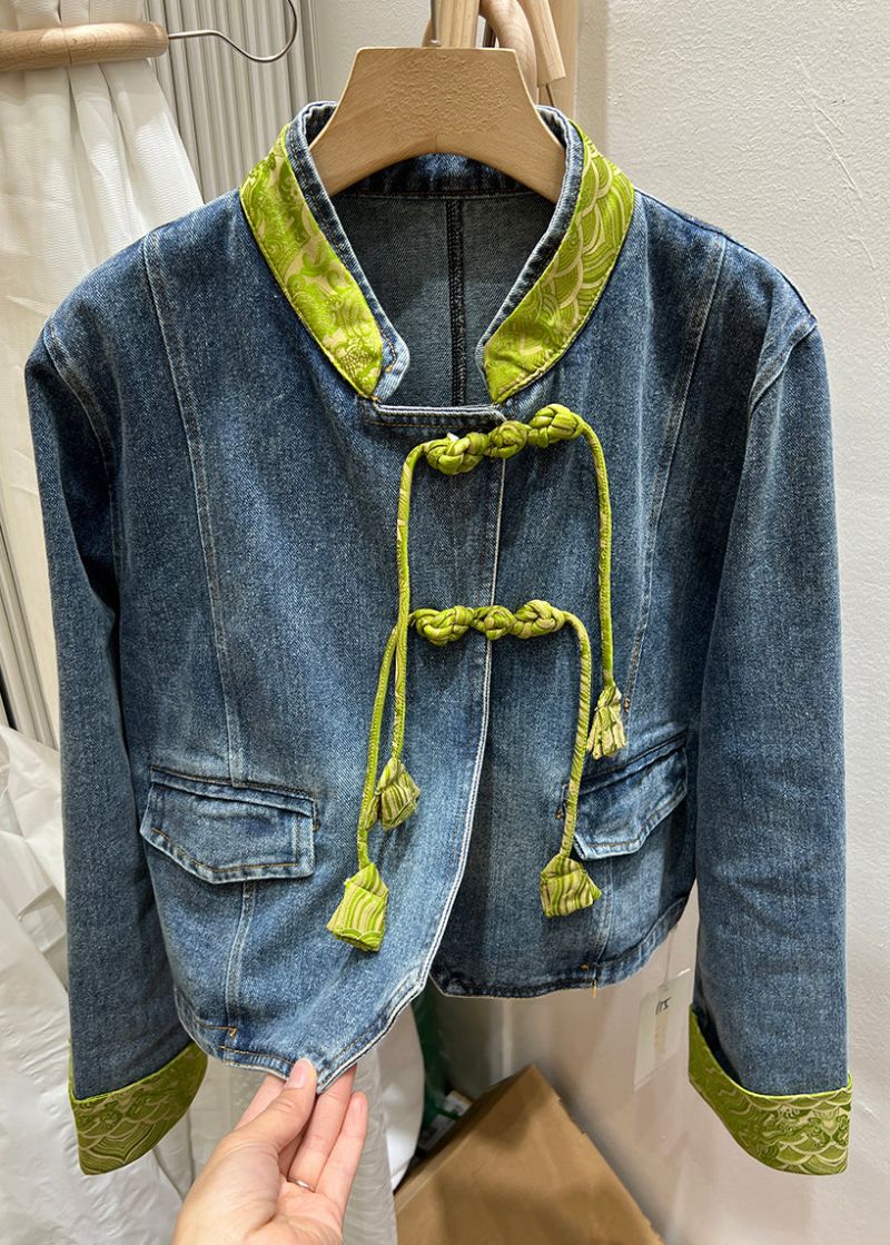 Dames Groene Opstaande Kraag Chinese Knop Denim Jas Lente - Dames winterjassen