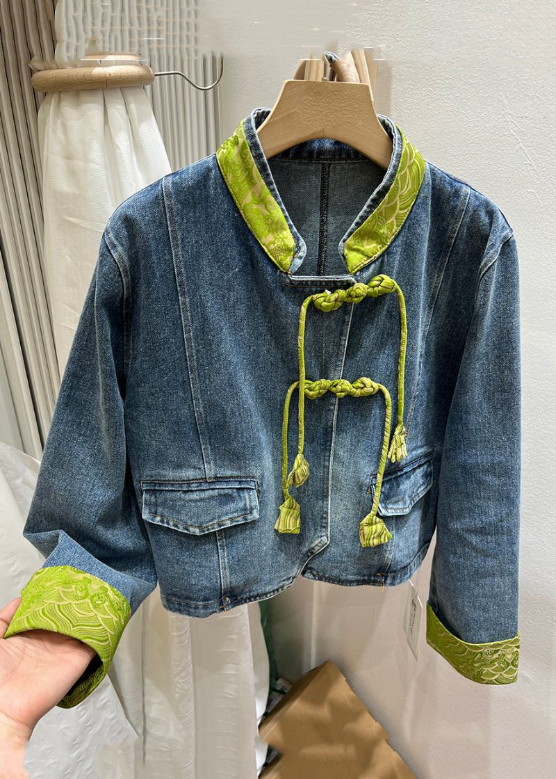 Dames Groene Opstaande Kraag Chinese Knop Denim Jas Lente - Dames winterjassen