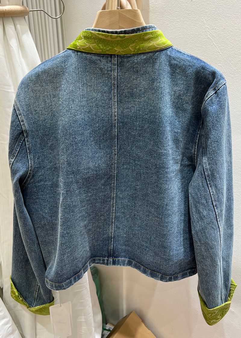 Dames Groene Opstaande Kraag Chinese Knop Denim Jas Lente - Dames winterjassen