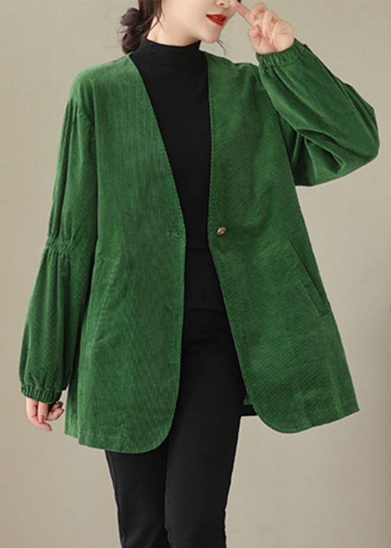 Dames Groene V-hals Knoopzakken Corduroy Jassen Herfst - Dames winterjassen