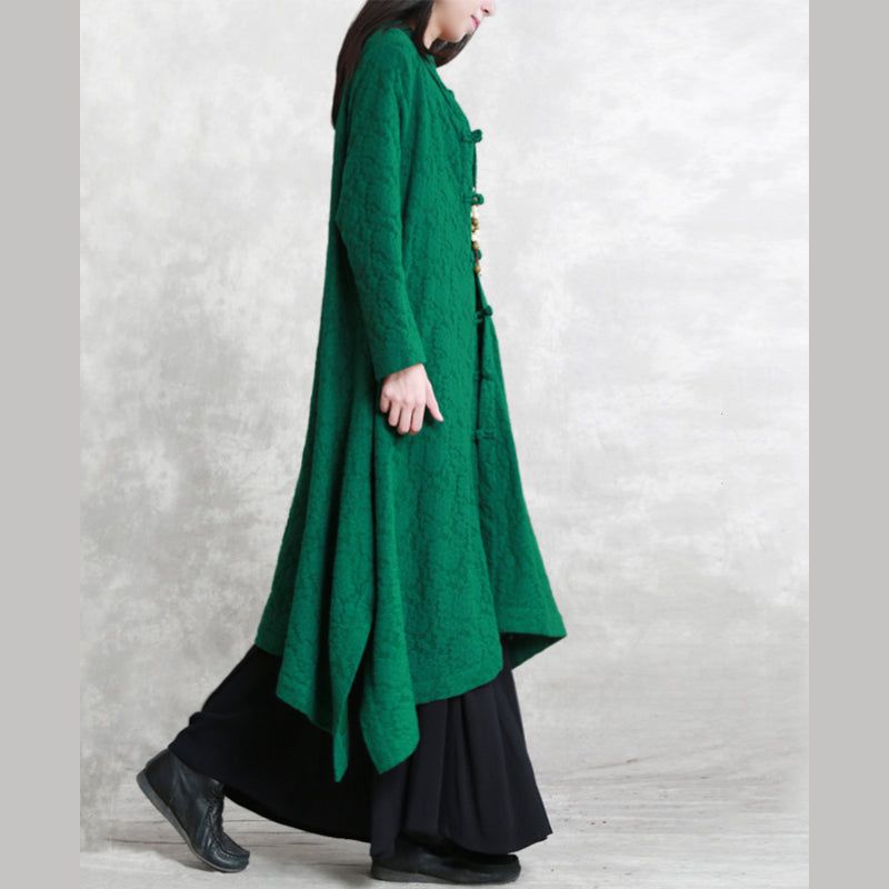 Dames Groene Wollen Jas Loszittende Standaard Asymmetrische Uitloper Boutique Lange Mouw Zakken Trenchcoat Met Grote Zoom - Dames winterjassen