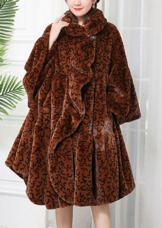 Dames Karamel Oversized Luipaardprint Pluizig Bont Pluizige Jassen Winter