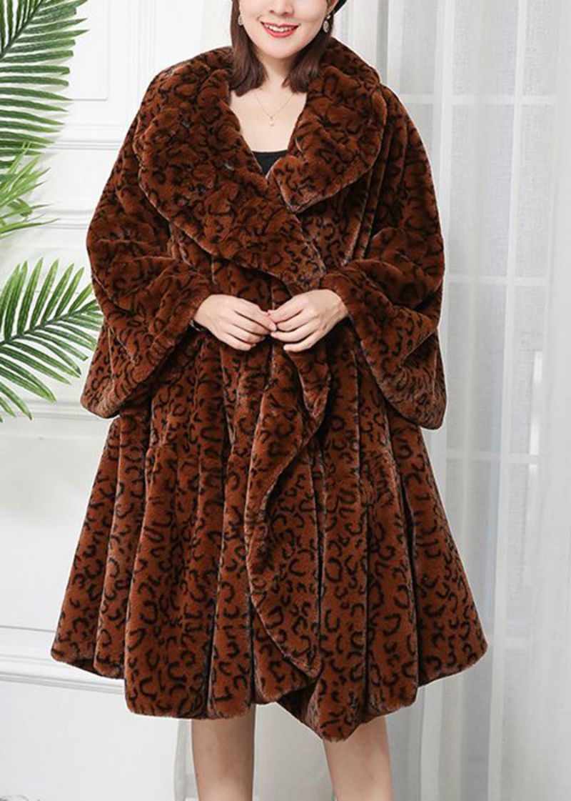 Dames Karamel Oversized Luipaardprint Pluizig Bont Pluizige Jassen Winter - Dames winterjassen