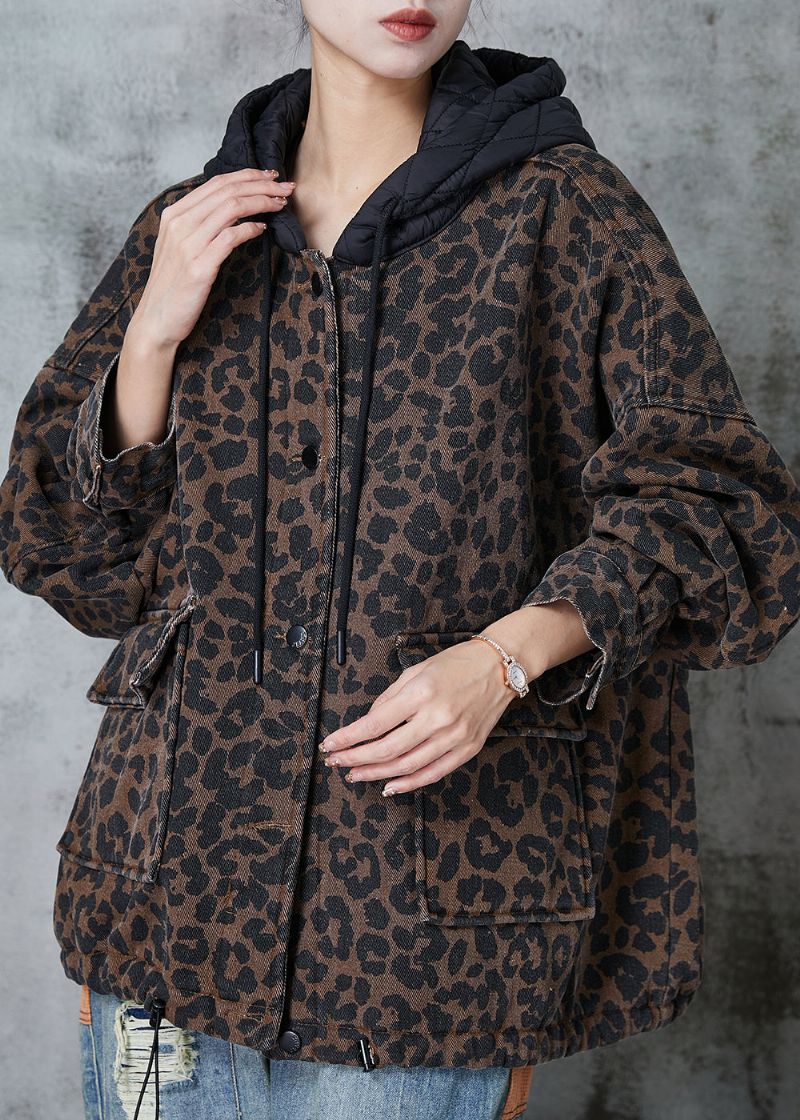 Dames Koffie Capuchon Luipaardprint Warme Fleece Jas Lente - Dames winterjassen