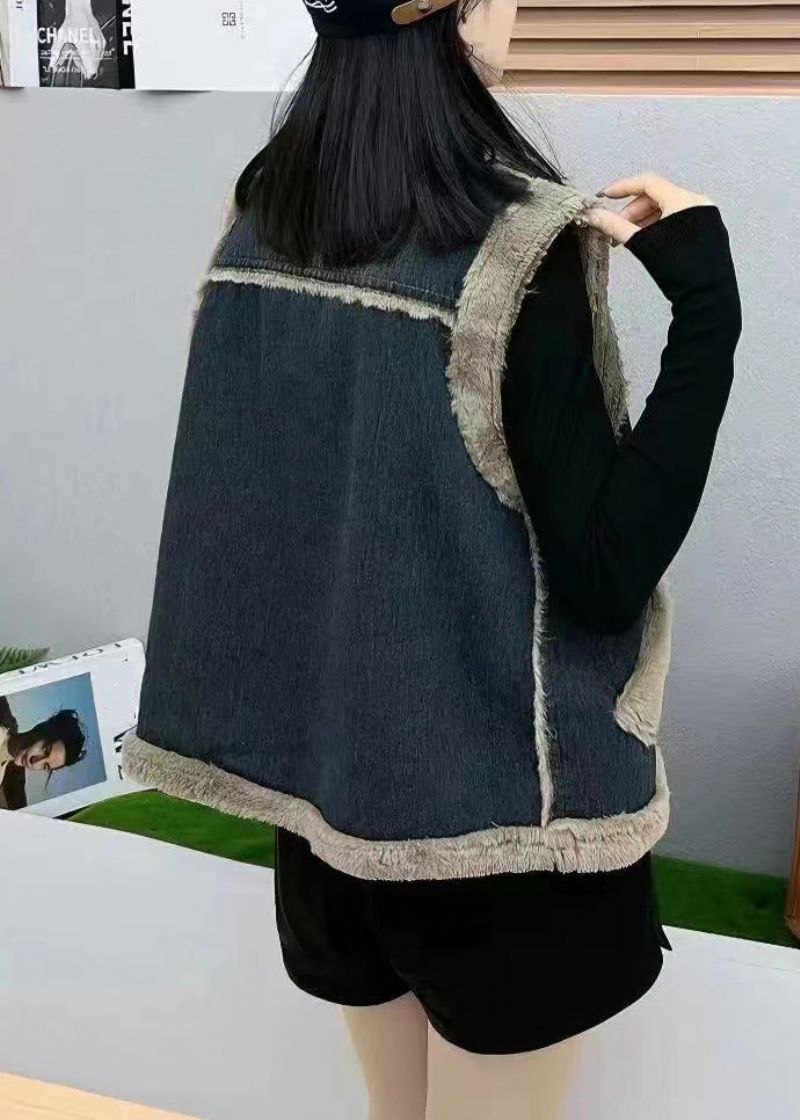 Dames Marineblauw Knoopzakken Patchwork Dik Denim Vest Zonder Mouwen - Dames winterjassen