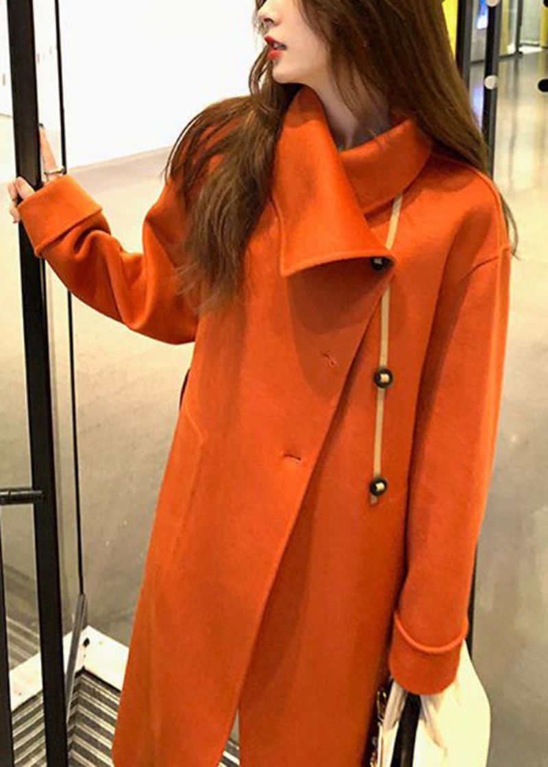 Dames Oranje Asymmetrische Stropdas Taille Wollen Trenchcoat Herfst - Dames winterjassen