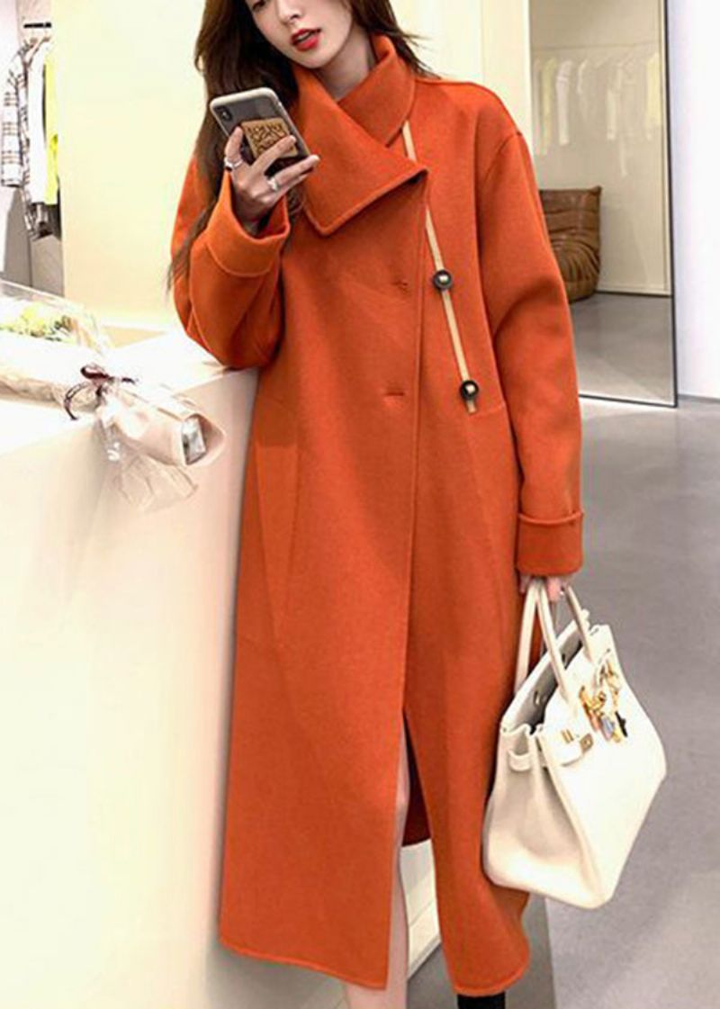 Dames Oranje Asymmetrische Stropdas Taille Wollen Trenchcoat Herfst - Dames winterjassen