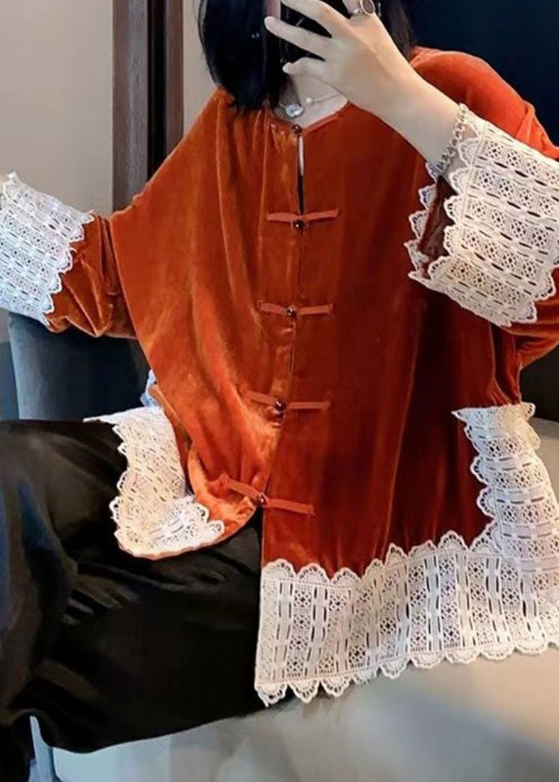 Dames Oranje Kant Patchwork Zijden Velours Jassen Met Lange Mouwen