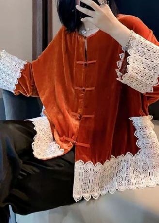 Dames Oranje Kant Patchwork Zijden Velours Jassen Met Lange Mouwen