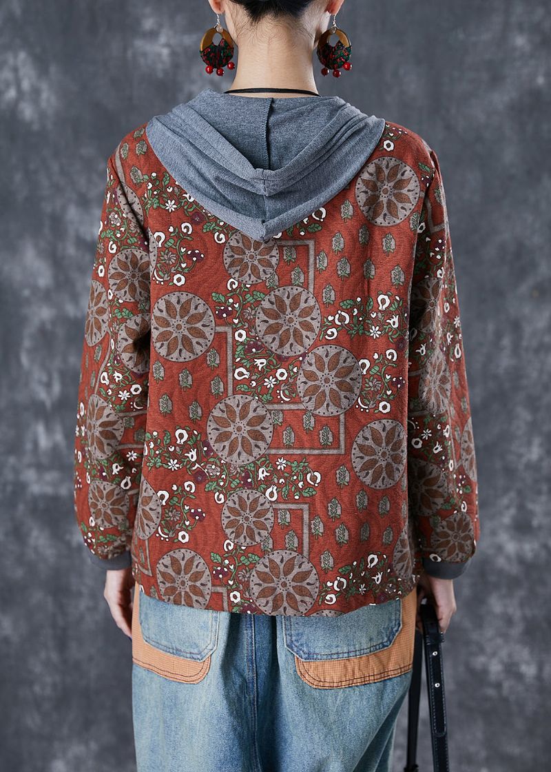 Dames Oranje Rood Katoenen Jack Met Capuchon En Print Herfst - Dames winterjassen