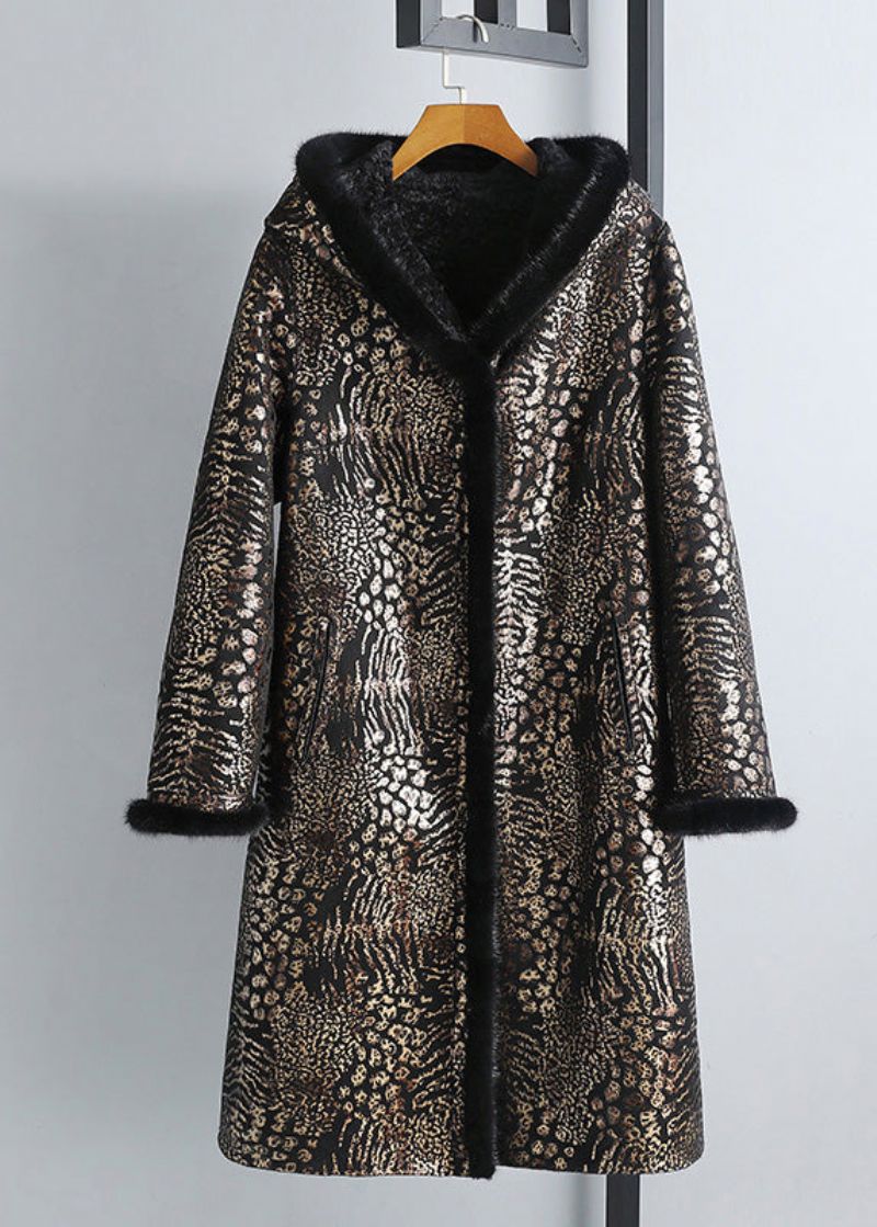 Dames Print Knoop Mink Velvet Leer En Bont Capuchonjassen Winter