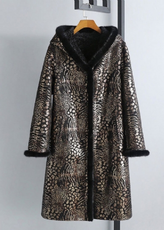 Dames Print Knoop Mink Velvet Leer En Bont Capuchonjassen Winter