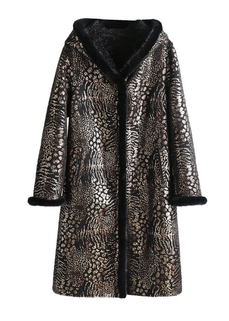 Dames Print Knoop Mink Velvet Leer En Bont Capuchonjassen Winter - Dames winterjassen