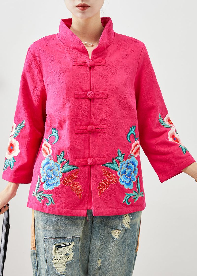 Dames Rose Geborduurde Jacquard Chinese Knoop Katoenen Jassen Herfst