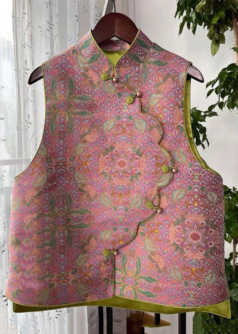 Dames Roze Asymmetrisch Katoenen Vest Met Knopenprint Mouwloos