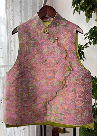 Dames Roze Asymmetrisch Katoenen Vest Met Knopenprint Mouwloos