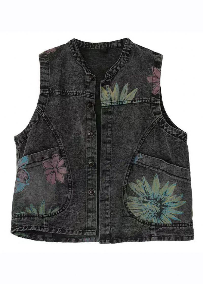 Dames Zwart Grijs Denim Gilet Met Nekprint Herfst - Dames winterjassen