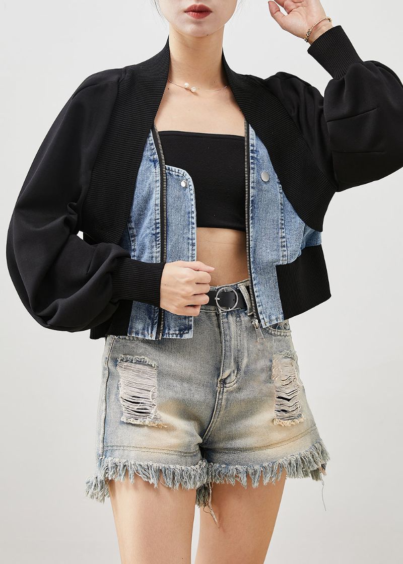 Dames Zwart Oversized Patchwork Denim Nep Tweedelige Jassen Lente