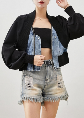 Dames Zwart Oversized Patchwork Denim Nep Tweedelige Jassen Lente