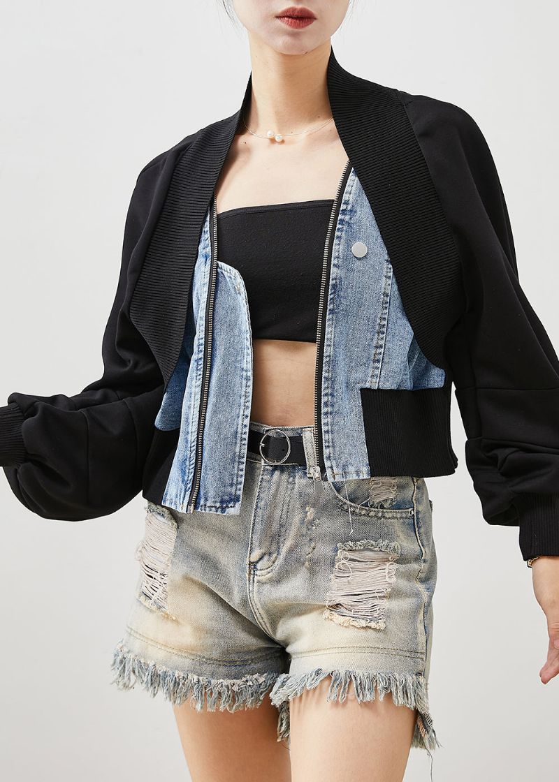 Dames Zwart Oversized Patchwork Denim Nep Tweedelige Jassen Lente - Dames winterjassen