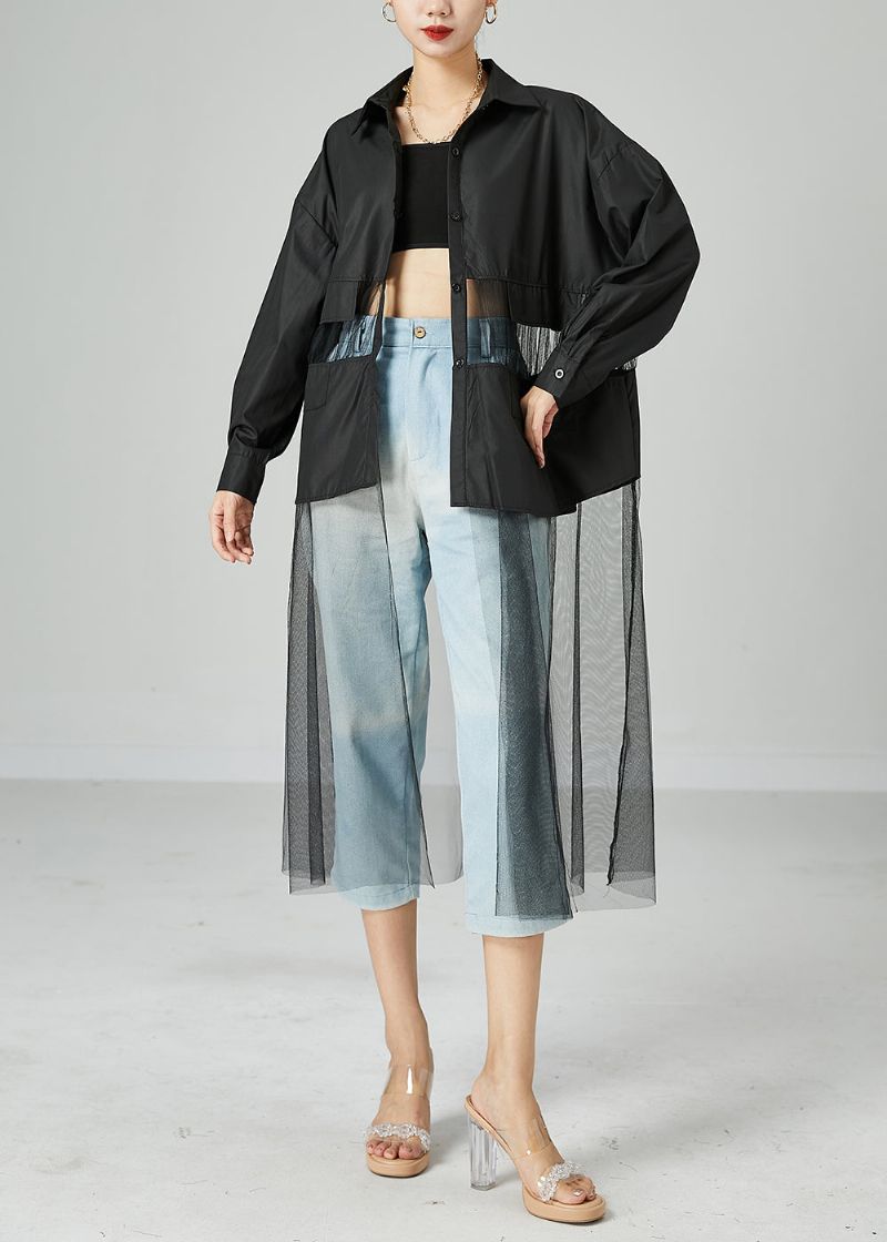 Dames Zwart Oversized Tule Patchwork Uitgesneden Katoenen Lange Jas Zomer