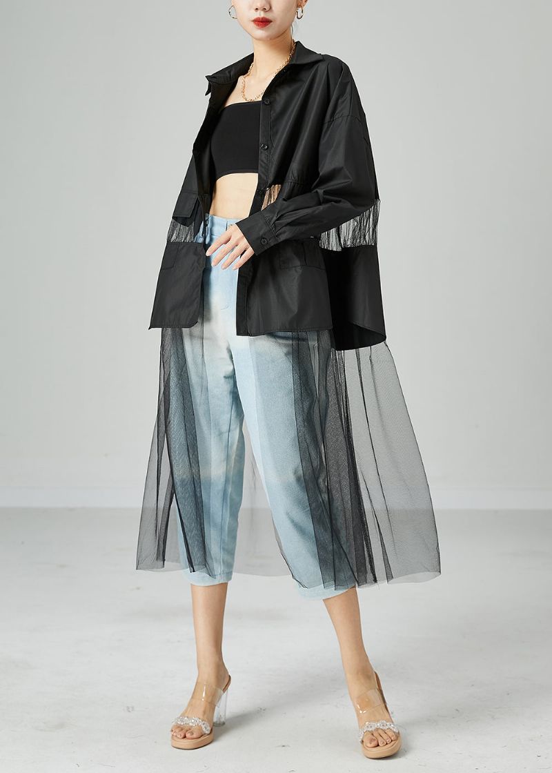 Dames Zwart Oversized Tule Patchwork Uitgesneden Katoenen Lange Jas Zomer - Dames winterjassen